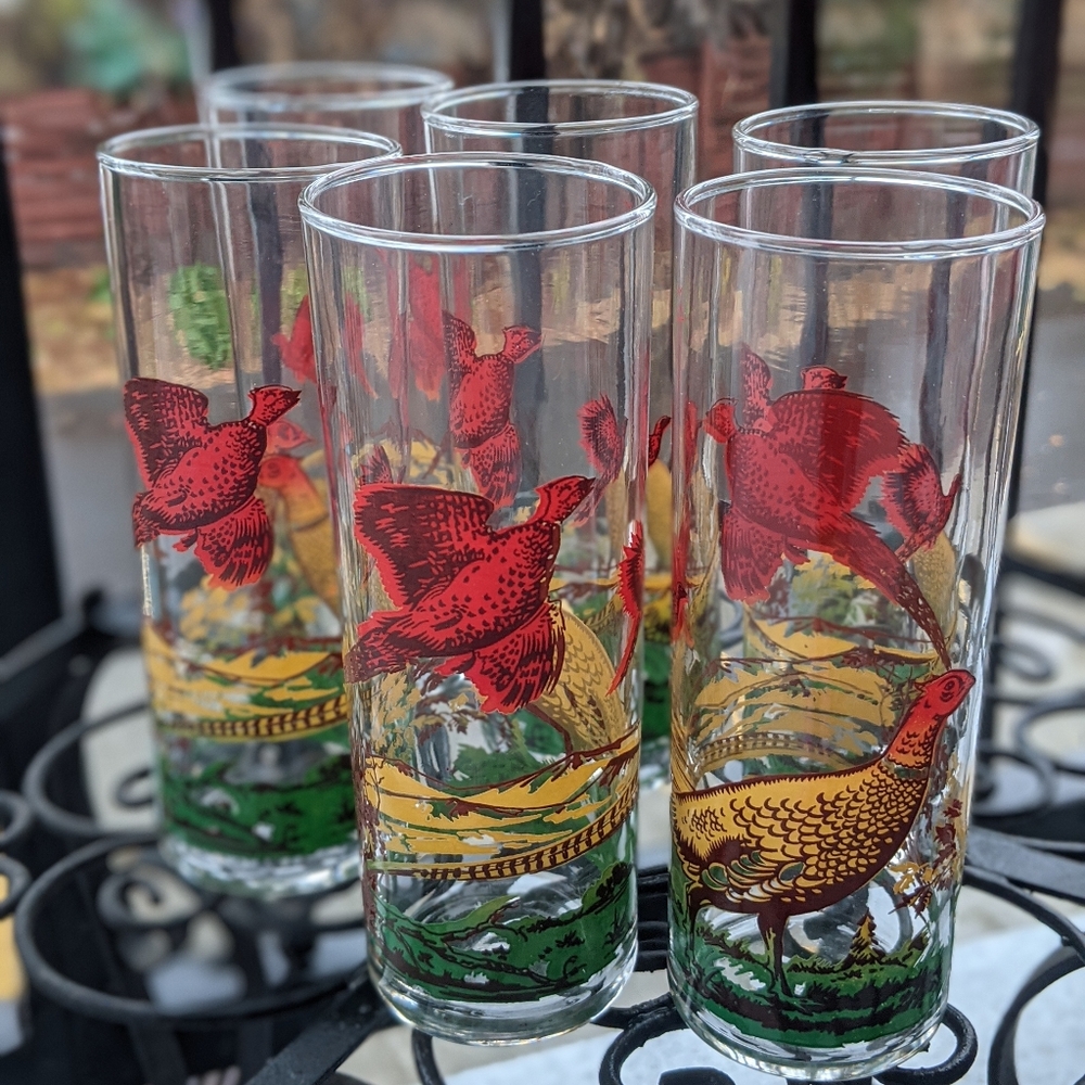 Vintage Set of 6 1950s MCM Highball Cocktail Glasses With Pheasant Birds